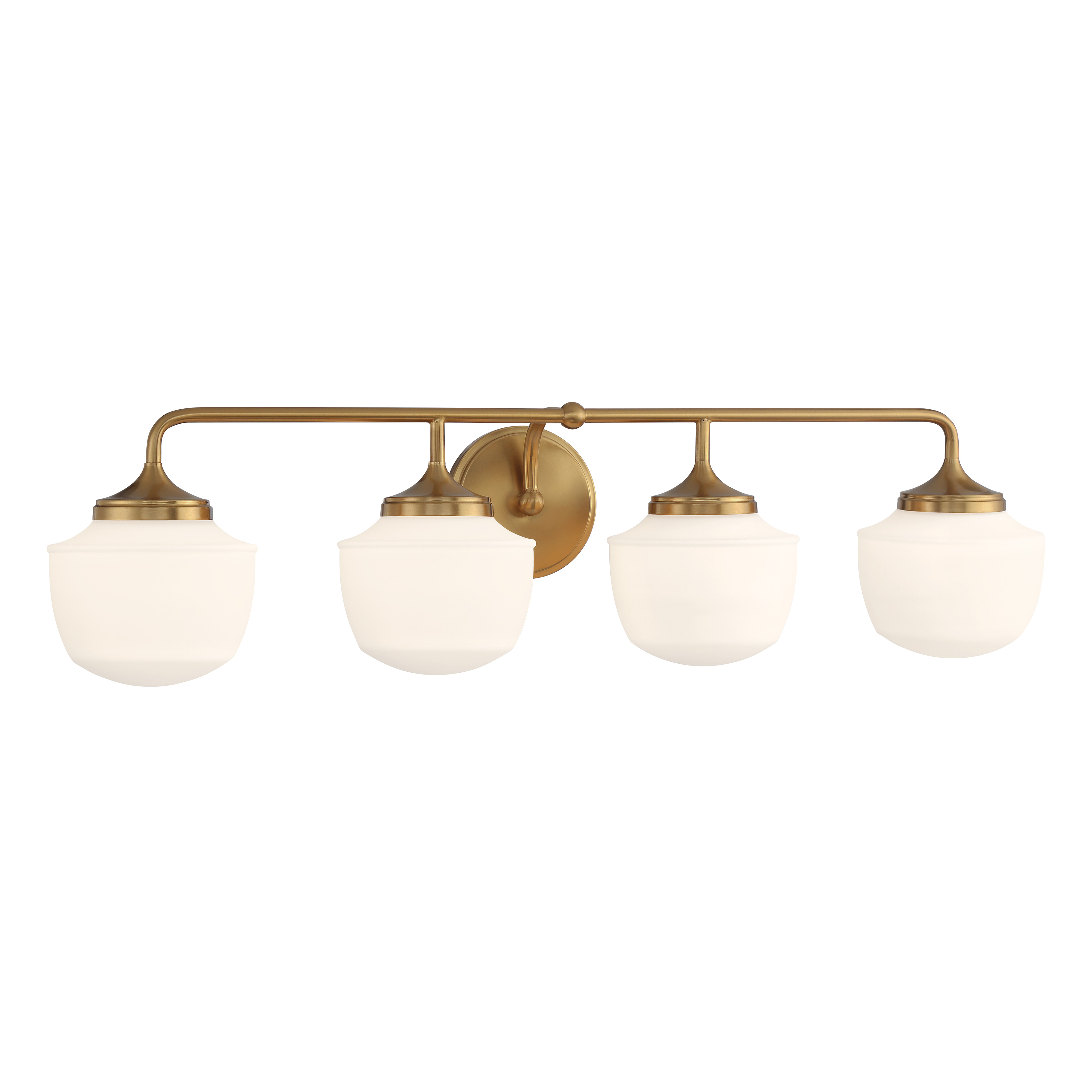 The Cornwell vanity light combines contemporary styling with timeless aged brass finish. Four etched opal glass shades provide even, flattering illumination across 32 inches, perfect for double vanities and larger bathrooms. - alternate view
