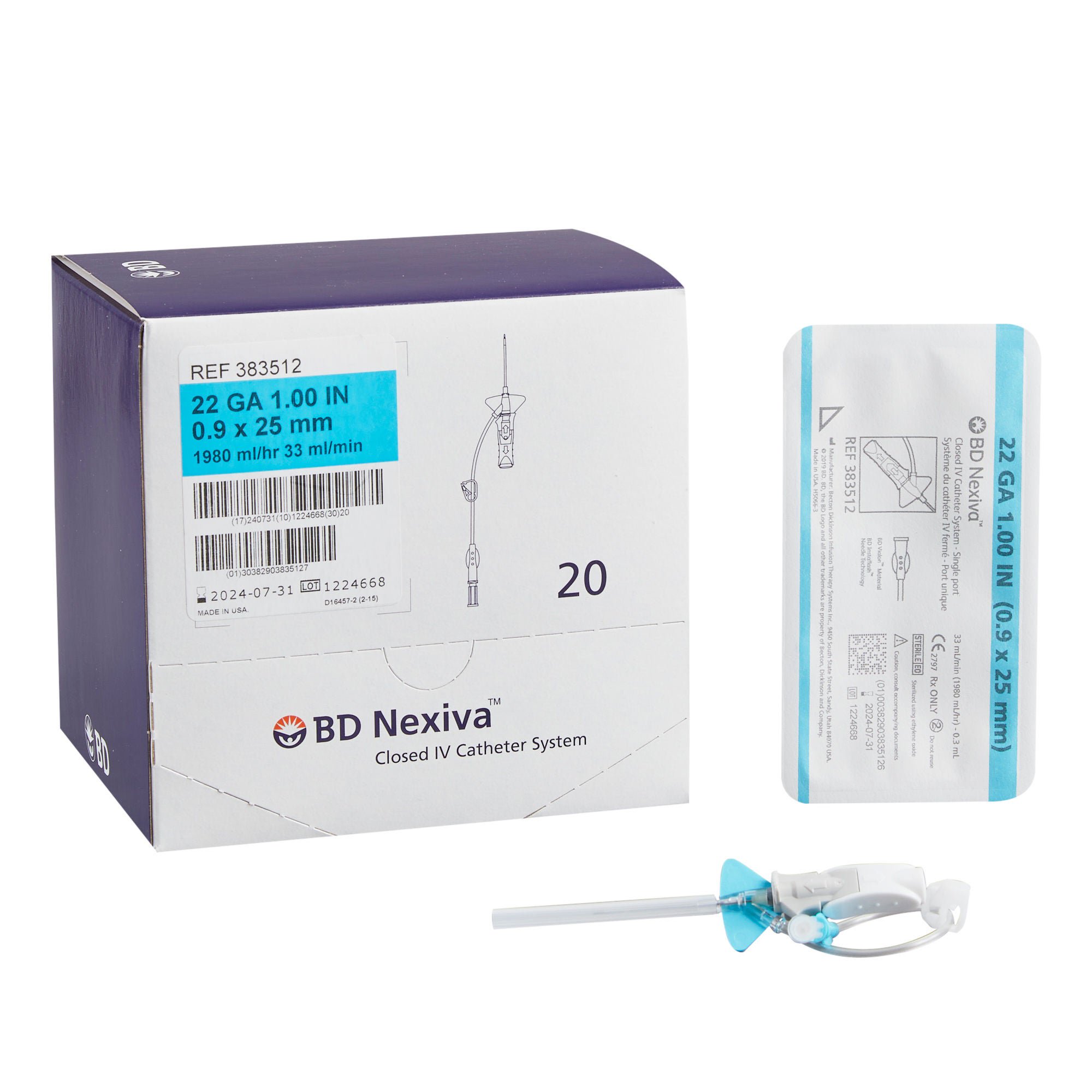 BD CATHETER, IV NEXIVA SNGL PRT 22GX1" (20/BX 4BX/CS)