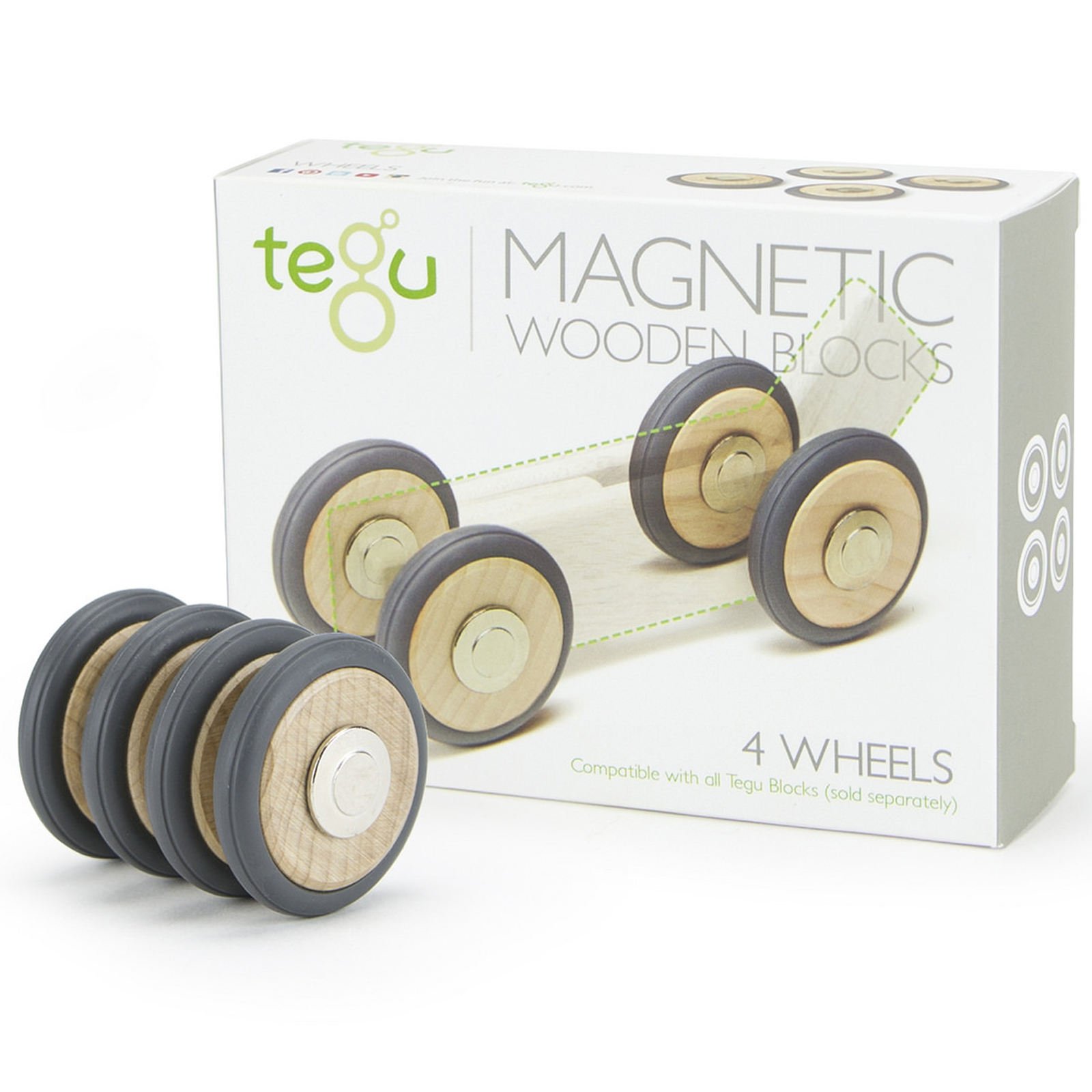 Tegu Magnetic Wooden Blocks, Wheels Accessory, 4-Pack