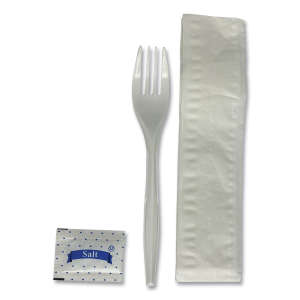 Boardwalk, Three-Piece Utensil Set, Fork/Napkin/Salt Packet, White