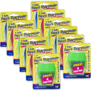 Two-Hole Pencil Sharpener w/Catcher, Bonus Erasers, Assorted Colors, Set of 12