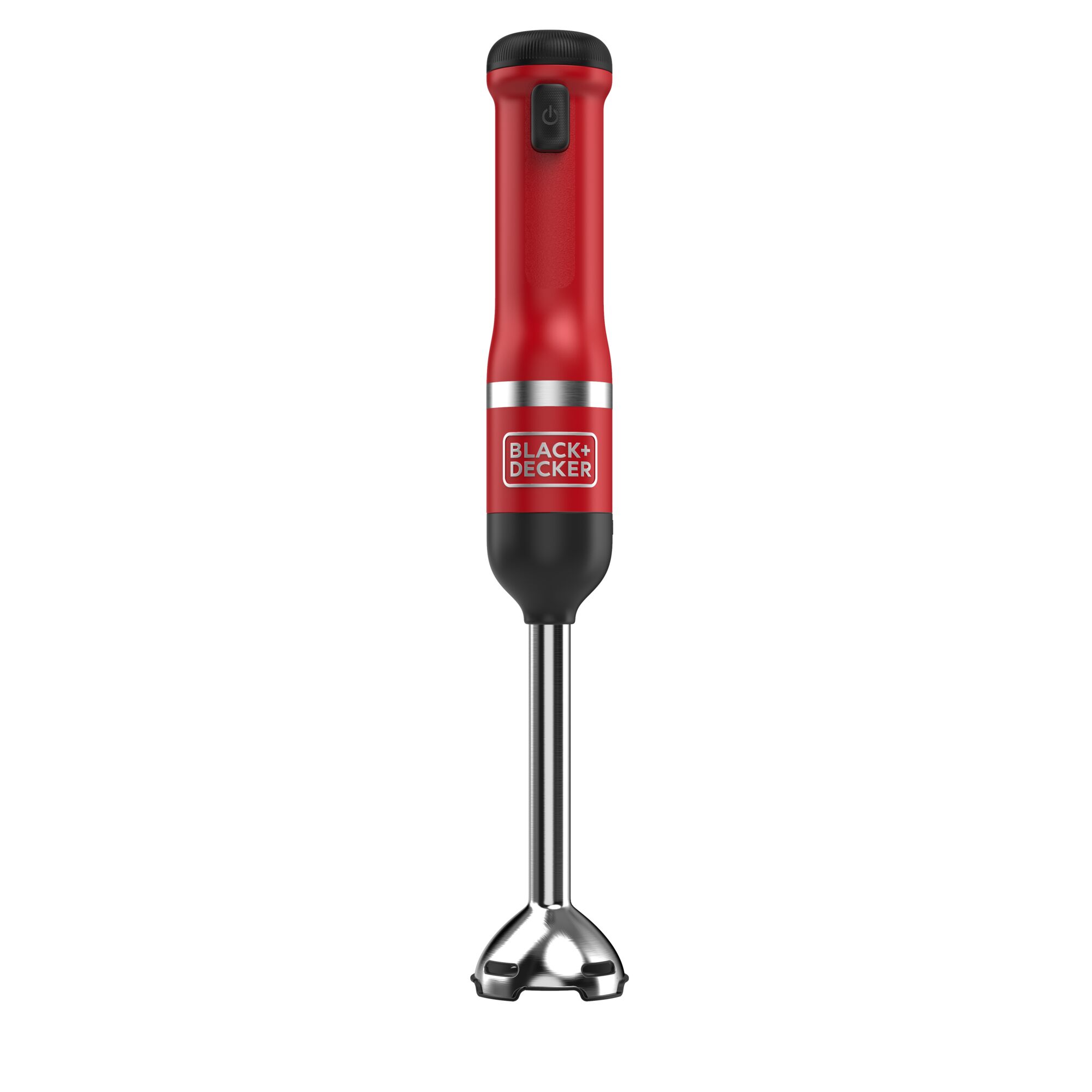Profile front view of the BLACK+DECKER kitchen wand immersion blender attachment attached to the red wand base