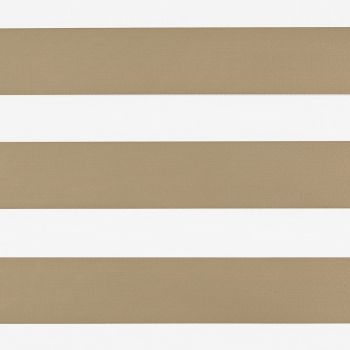 Horizontal zebra roller blind across a window with alternating wide beige fabric and white translucent bands, closed to filter and diffuse daylight; no surrounding room or view visible.