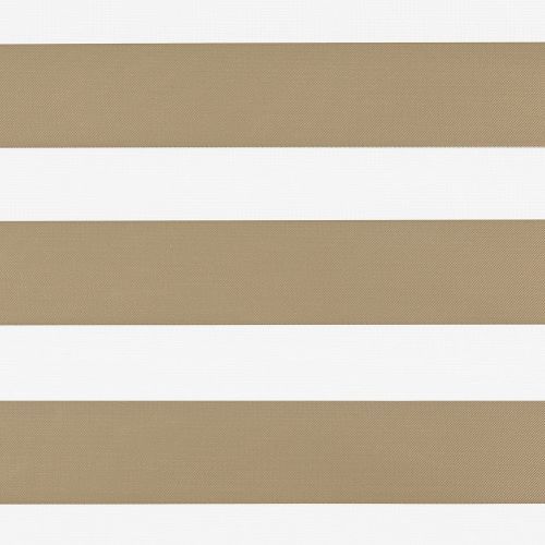 Horizontal zebra roller blind across a window with alternating wide beige fabric and white translucent bands, closed to filter and diffuse daylight; no surrounding room or view visible.