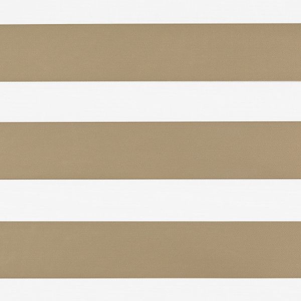 Horizontal zebra roller blind across a window with alternating wide beige fabric and white translucent bands, closed to filter and diffuse daylight; no surrounding room or view visible.