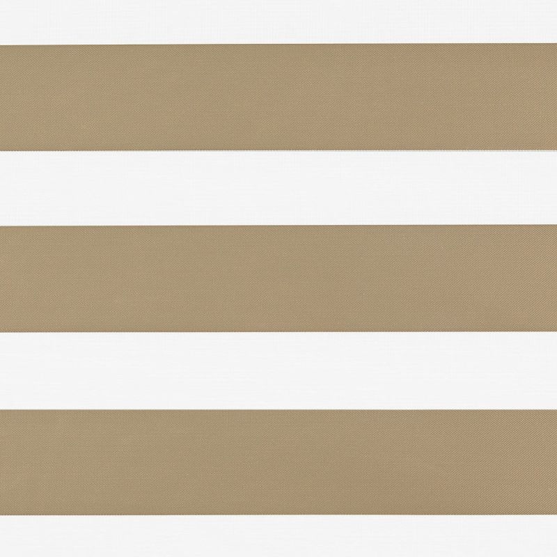 Horizontal zebra roller blind across a window with alternating wide beige fabric and white translucent bands, closed to filter and diffuse daylight; no surrounding room or view visible.