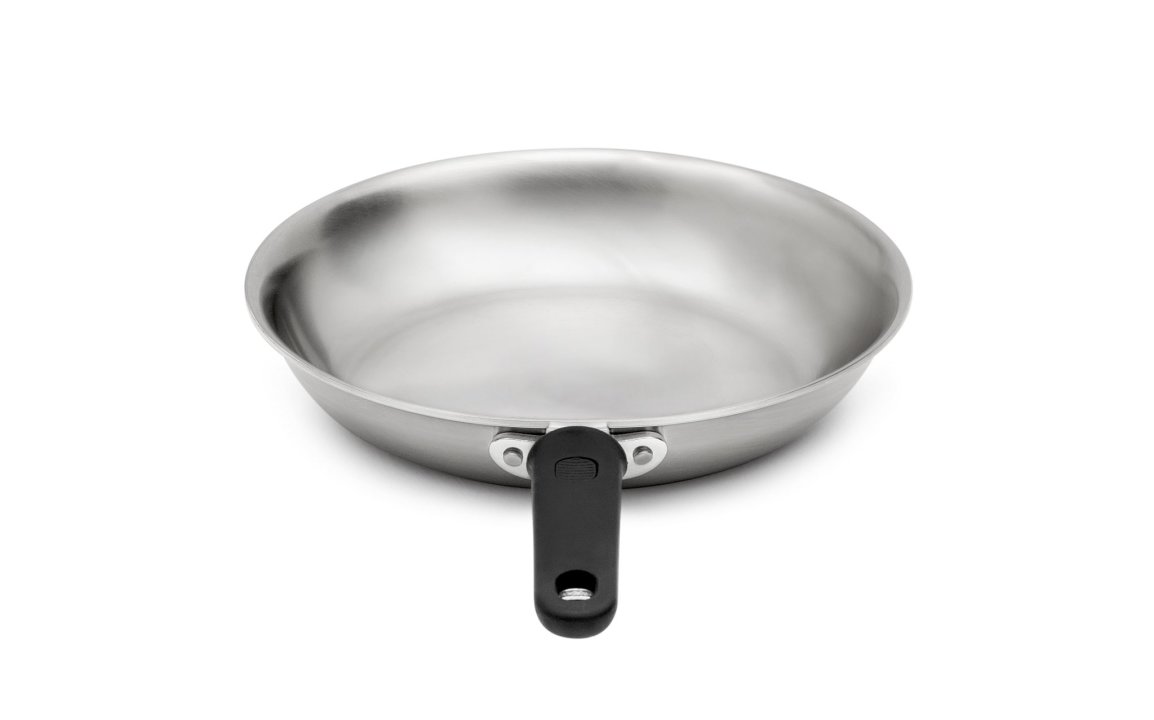 7-inch Tribute 3-ply fry pan with natural finish and silicone handle