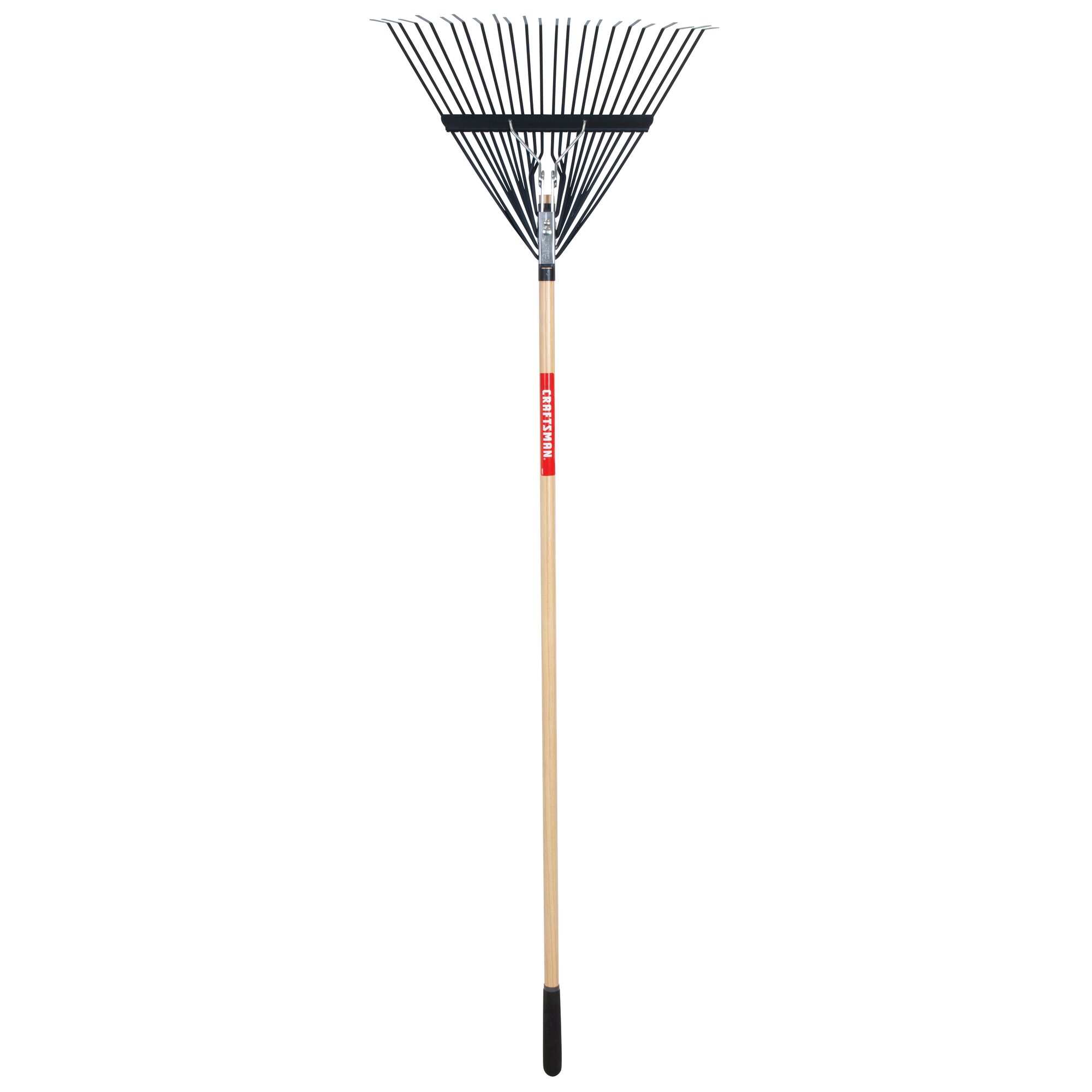 Profile of 22 inch tine wood handle lawn rake.
