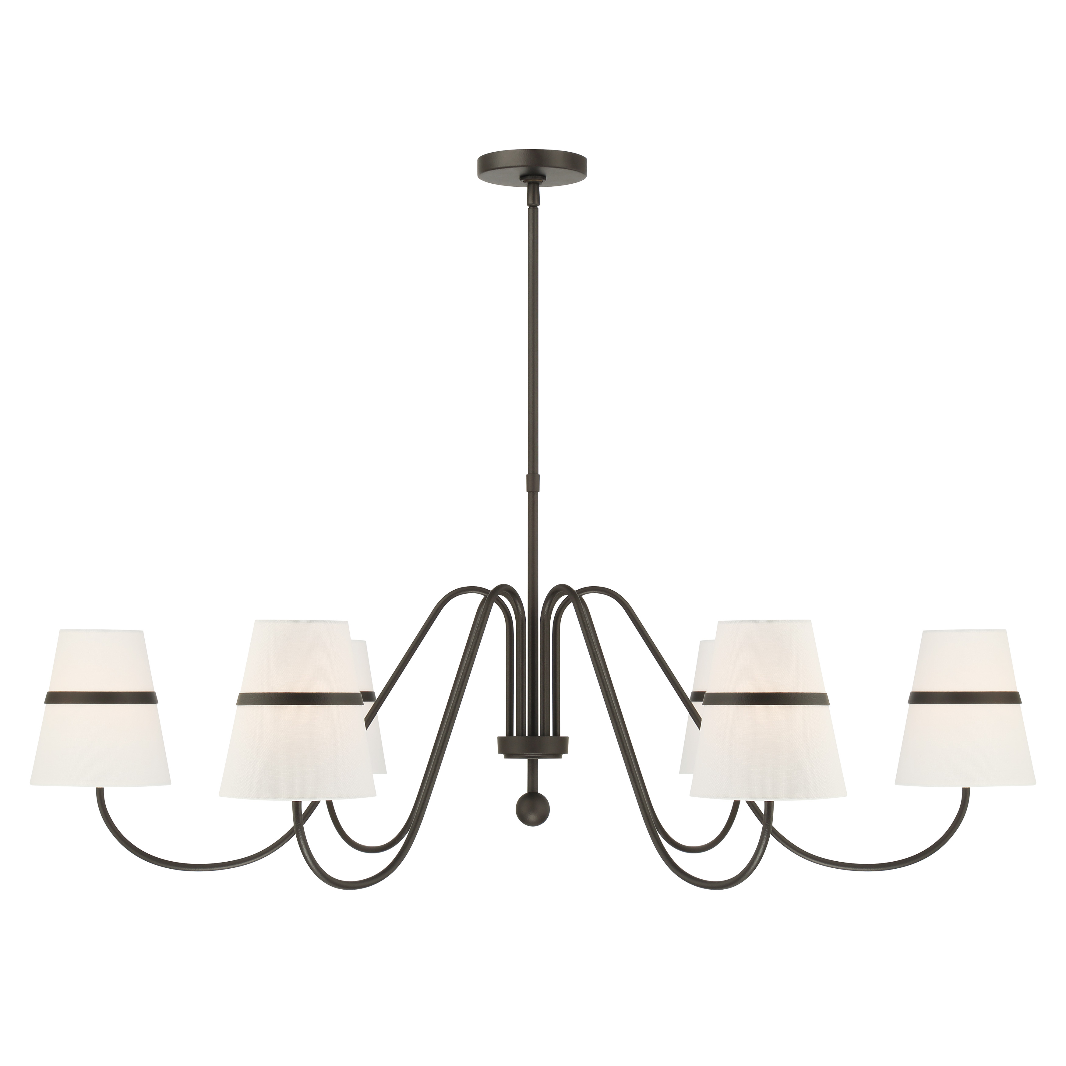 The Althia chandelier combines a textured dark bronze frame with six white linen drum shades, creating a sophisticated linear design perfect for dining rooms and kitchen islands. Its 43.75-inch width provides substantial presence while the soft fabric shades deliver warm, diffused illumination. - alternate view