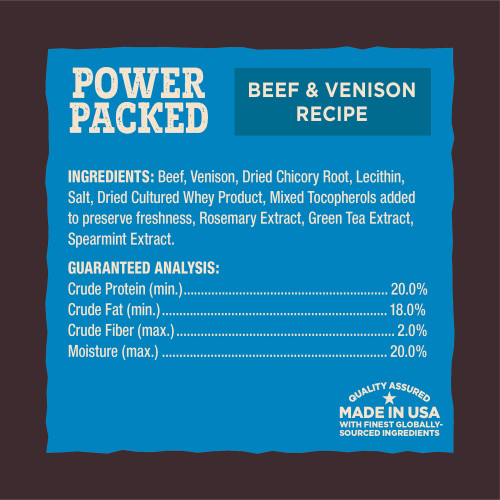 <p>Beef, Venison, Dried Chicory Root, Lecithin, Salt, Dried Cultured Whey Product, Guar Gum, Mixed Tocopherols added to preserve freshness, Rosemary Extract, Green Tea Extract, Spearmint Extract.</p>
