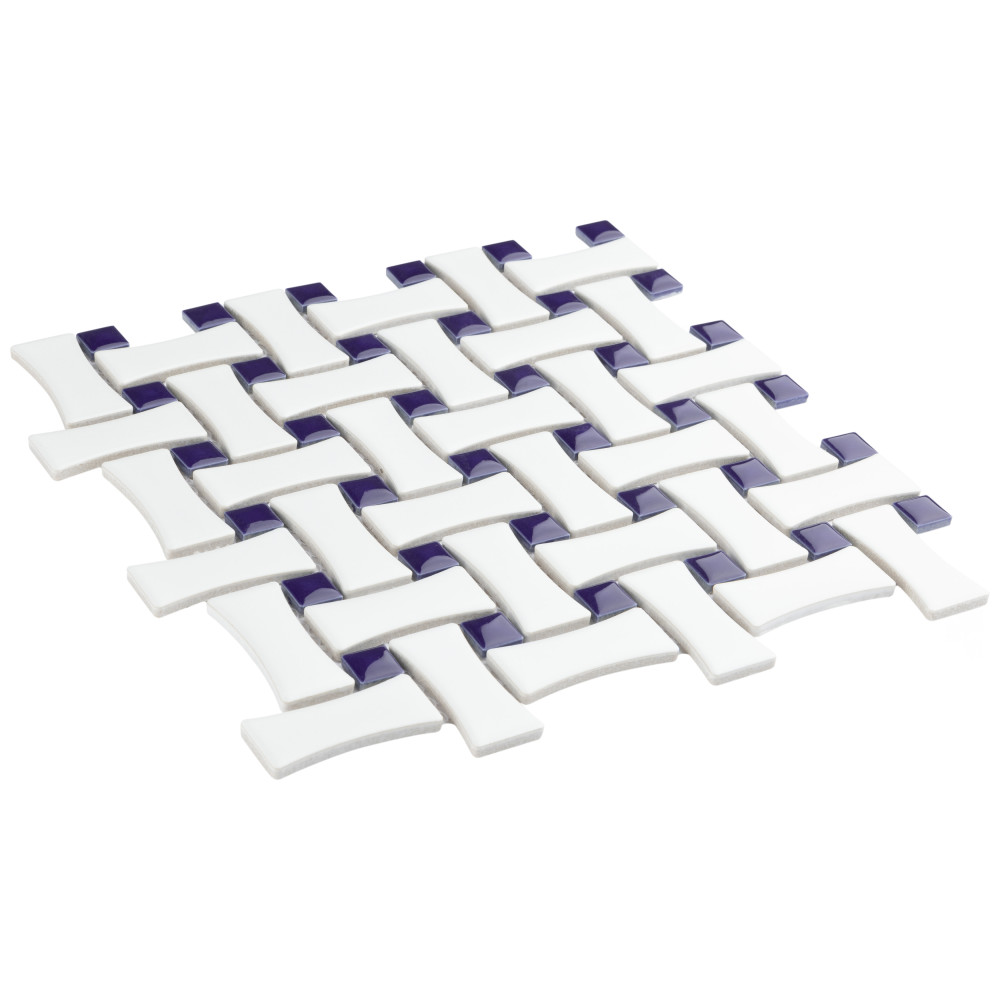 Metro Dog Bone Basketweave White w/Cobalt Dot 10 in. x 10 in. Porcelain Mosaic Tile