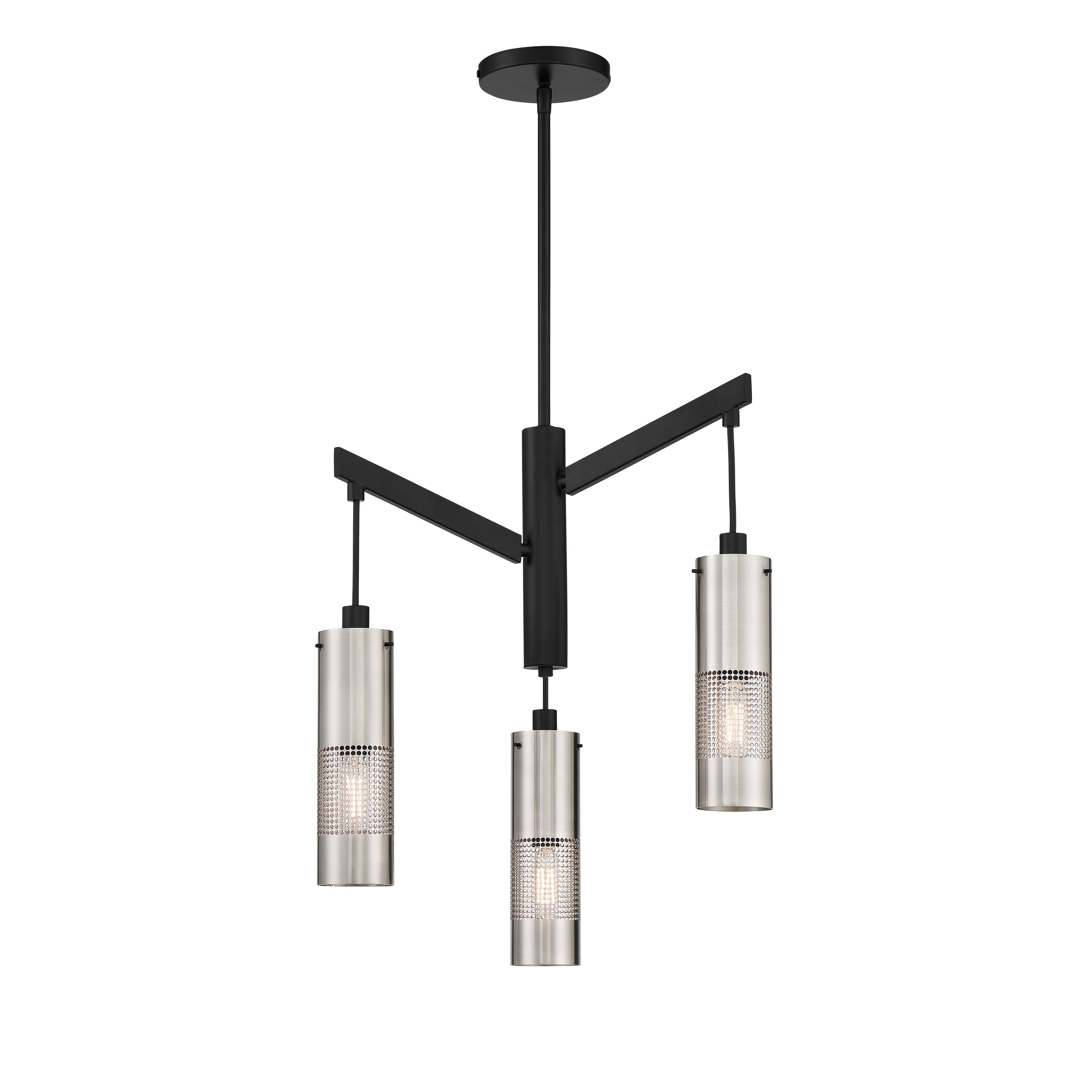The Grid 3 chandelier combines brushed nickel and coal finishes in a geometric steel frame design. At 19 inches square, it provides focused lighting for dining and kitchen spaces with an industrial-modern aesthetic. - alternate view