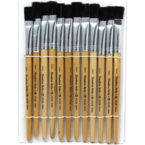 Flat Tip Easel Paint Brushes, Short Stubby Handle, 0.50 Inch, Natural Handles, Black Bristles, 12/Pack