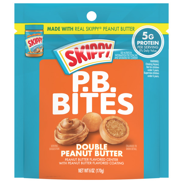 SKIPPY(r) P.B. Bites Double Peanut Butter, 6 oz. Pouch . C1N1 - Front No Plunge In Package (Hi Res)