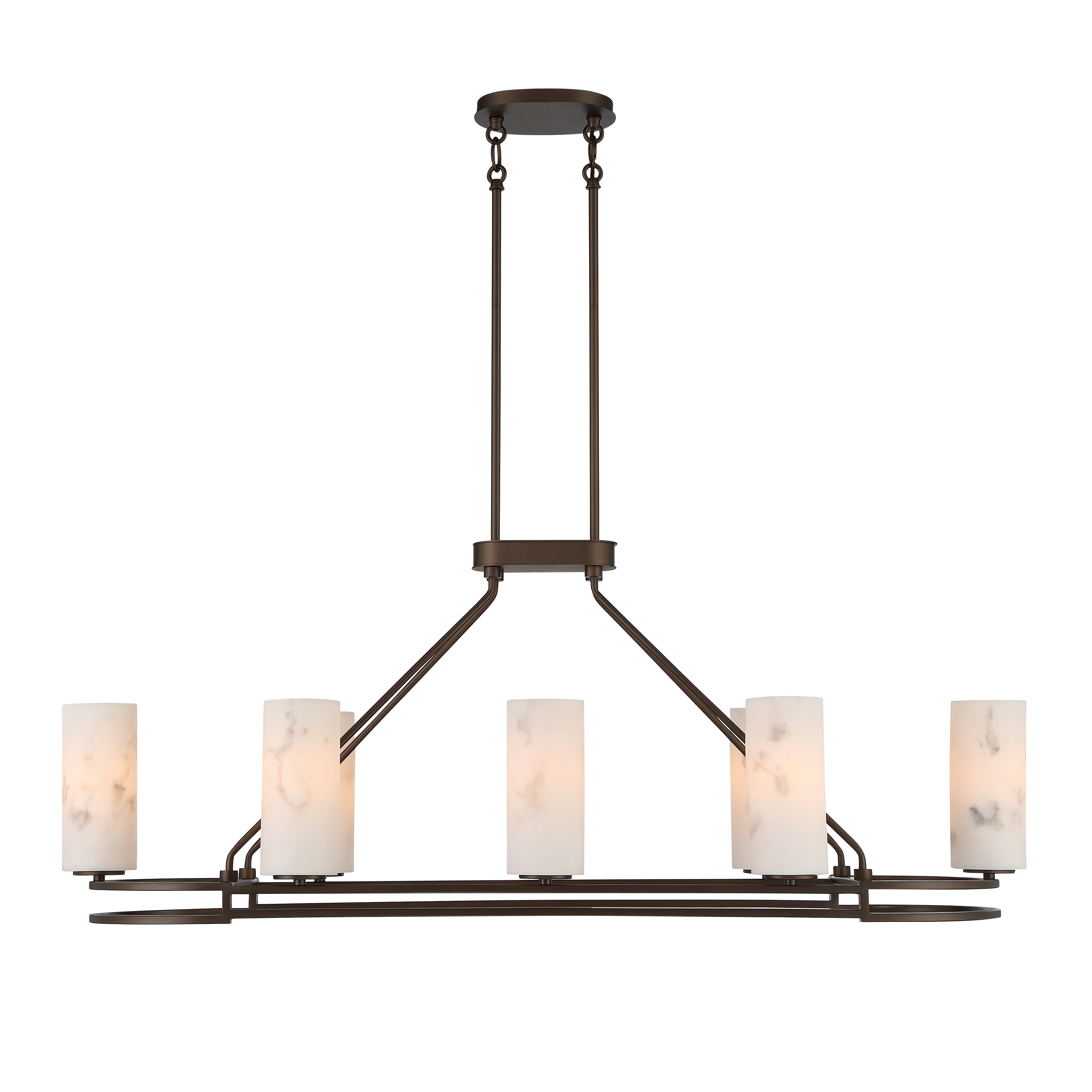The Buchanan brings sophisticated style to your kitchen or dining space with eight candelabra lights housed in beautiful faux alabaster glass. The Hellenic Bronze finish adds warmth while the linear design provides excellent task lighting. - alternate view