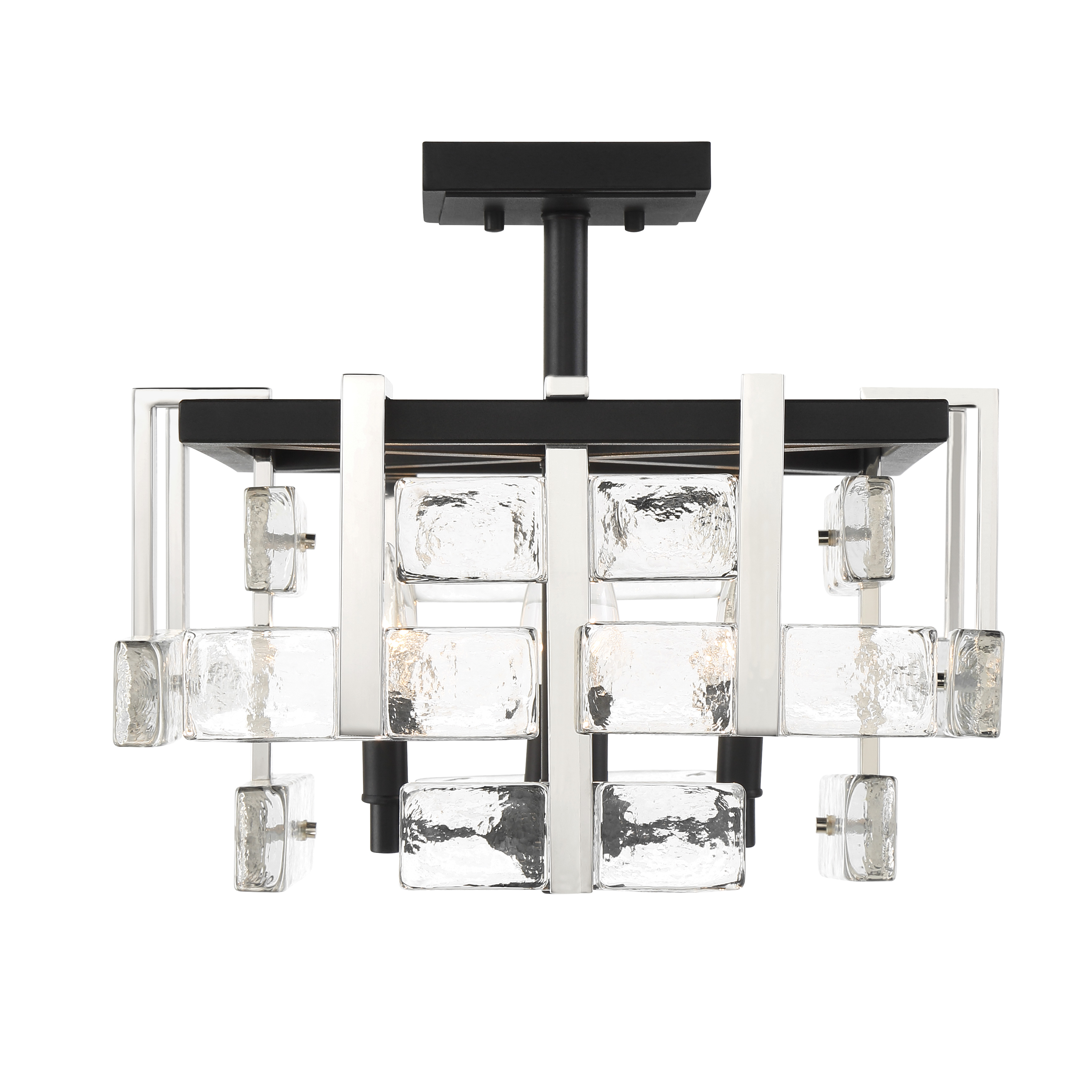 The Painesdale semi-flush mount combines contemporary industrial style with practical functionality. Its sand coal and polished nickel finish creates visual interest while clear glass shades provide bright, unfiltered light. - alternate view