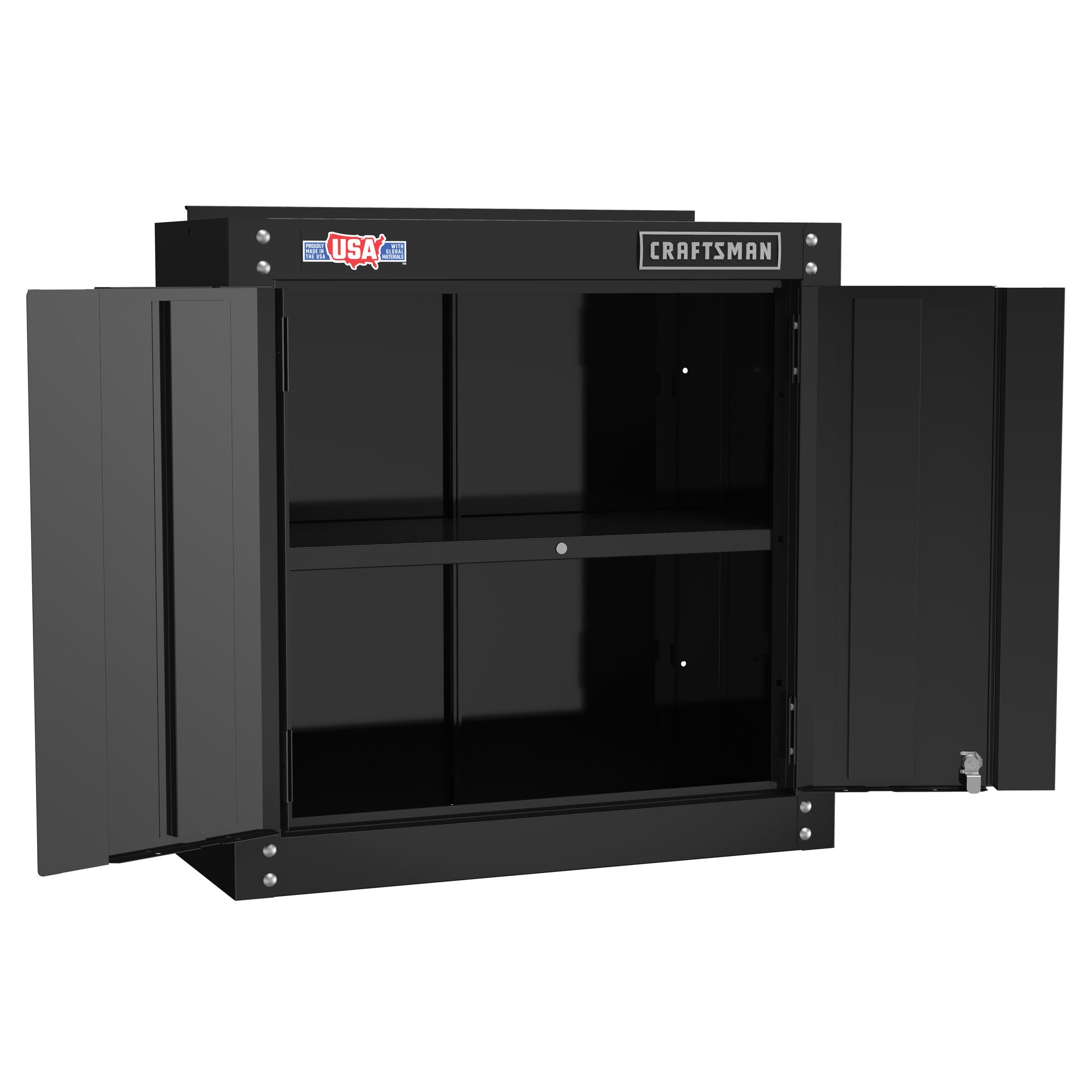 CRAFTSMAN 28-in wide by 28-in high storage wall cabinet angled view with doors open