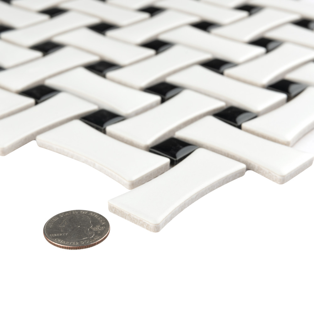 Sample – Metro Dog Bone Basketweave Matte White w/Glossy Black Dot Porcelain Mosaic Tile