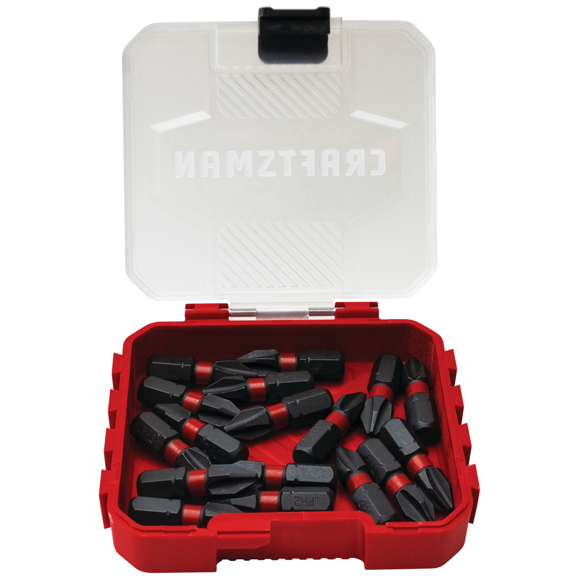 IMPACT RATED 20 Piece 1 inch PHILLIPS Number 2 SCREWDRIVING BITS in plastic case packaging with lid open.