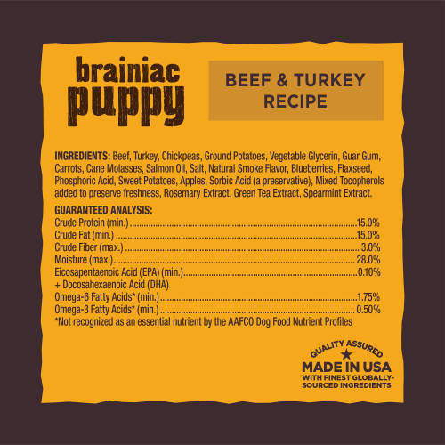 <p>Beef, Turkey, Chickpeas, Ground Potatoes, Vegetable Glycerin, Guar Gum, Carrots, Cane Molasses, Salmon Oil, Salt, Natural Smoke Flavor, Blueberries, Flaxseed, Phosphoric Acid, Sweet Potatoes, Apples, Sorbic Acid (a preservative), Mixed Tocopherols added to preserve freshness, Rosemary Extract, Green Tea Extract, Spearmint Extract.</p>
