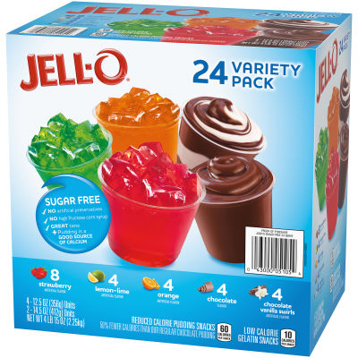 Jell-O Strawberry Lemon-Lime & Orange Gelatin & Chocolate Vanilla Pudding Sugar Free Pack 24 ct Cups