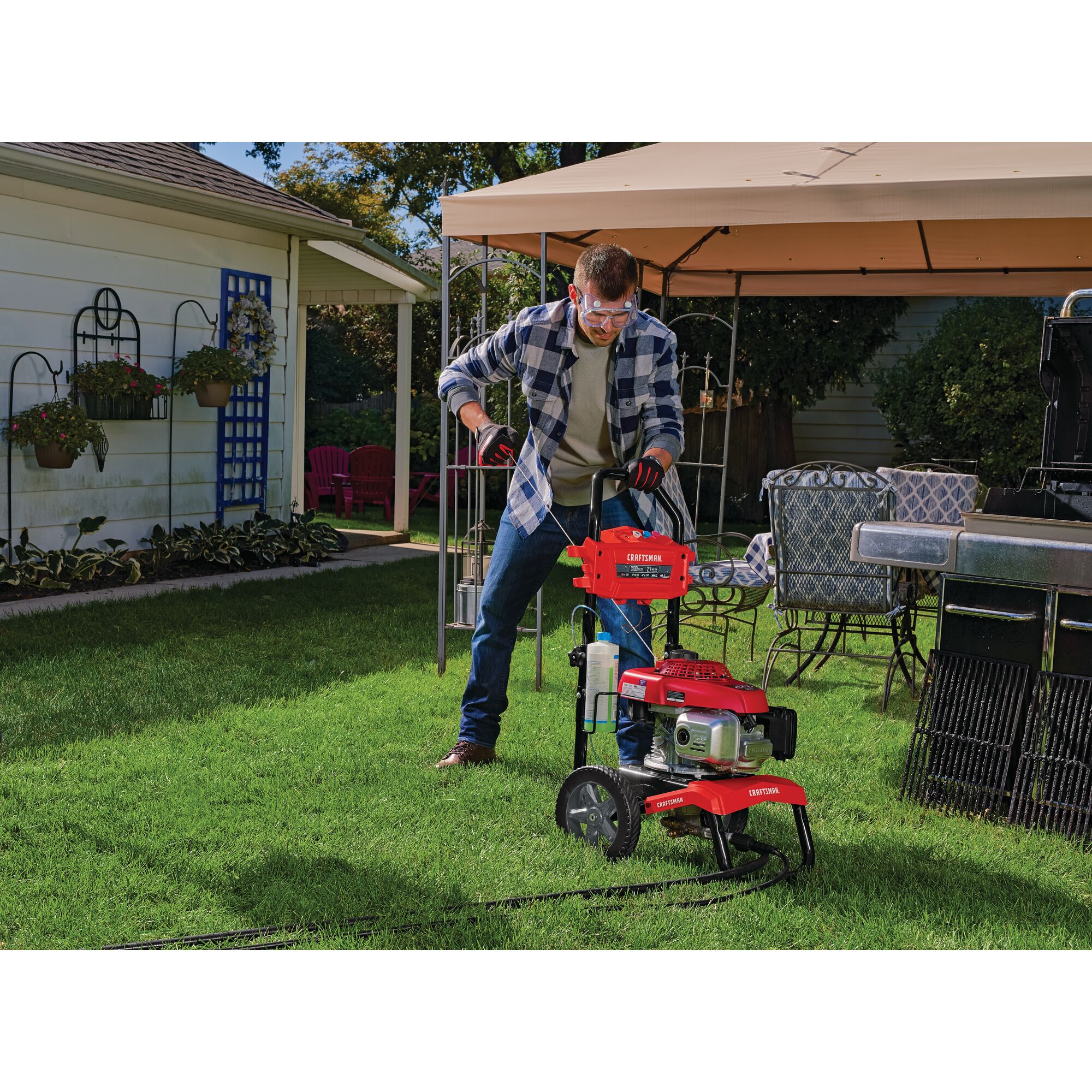 Person starting up 3100 MAX Pounds per Square Inch or 2 and seven tenths MAX Gallons Per Minute Pressure Washer to use in lawn outdoors.