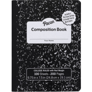 Composition Book, Black Marble, 9/32 in ruling with red margin 9-3/4" x 7-1/2", 100 Sheets