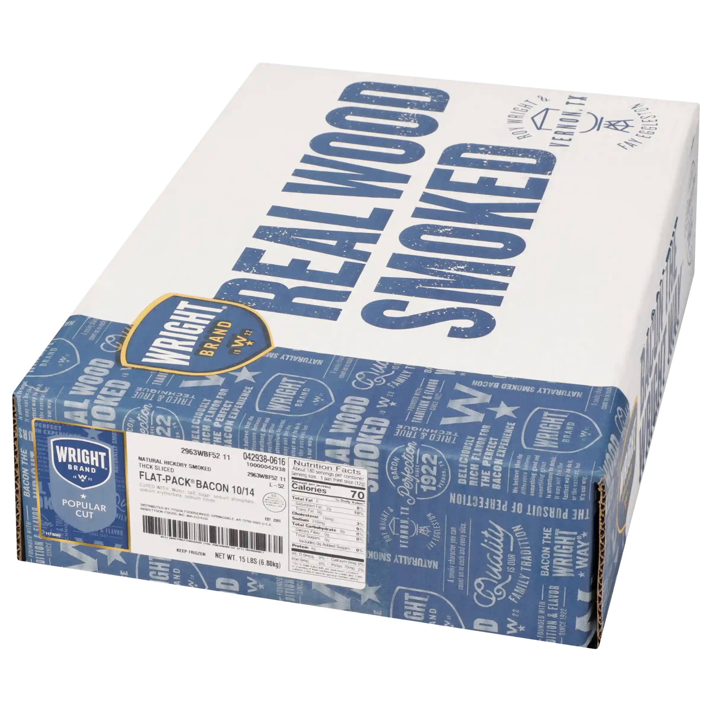 Wright® Brand Naturally Hickory Smoked Thick Sliced Bacon, Flat-Pack®, 15 Lbs, 10-14 Slices per Pound, Frozen_image_5