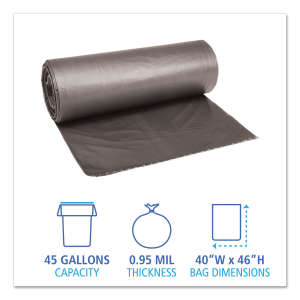 Boardwalk,  LLDPE Liner, 45 gal Capacity, 40 in Wide, 46 in High, 0.95 Mils Thick, Gray