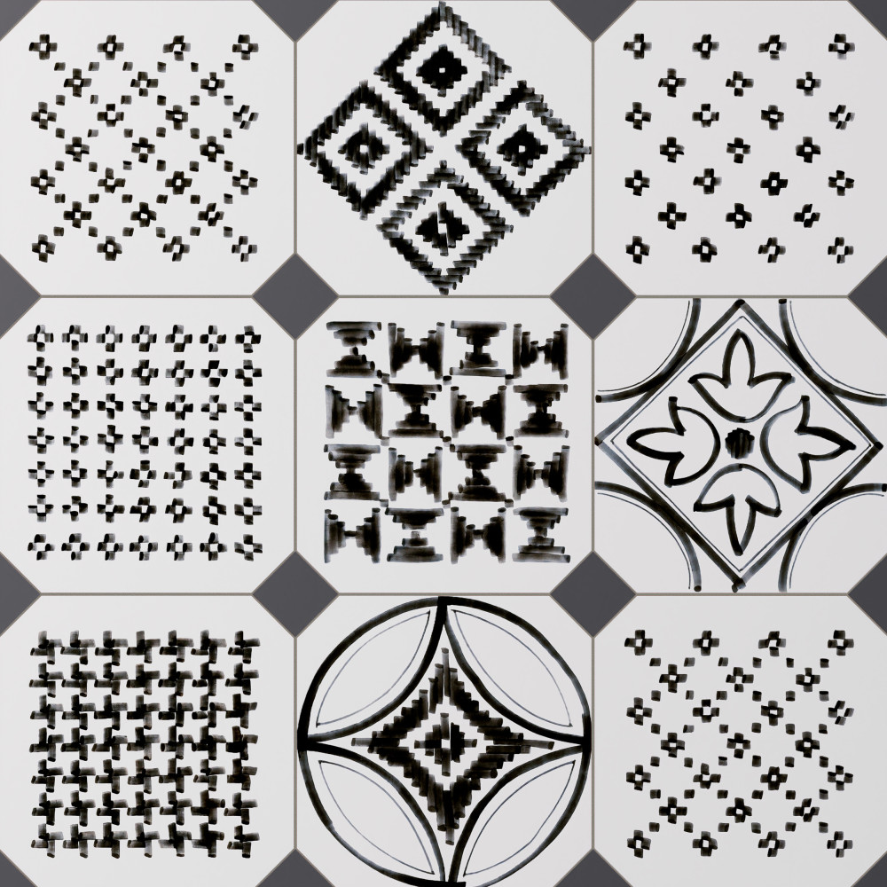 Vaudeville Octagon Sombra with Taco Antracita 7-7/8 in. x 7-7/8 in. Porcelain Floor and Wall Tile