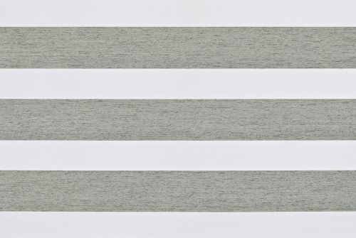 Horizontal zebra blinds spanning the frame, alternating textured grayâ€‘green opaque and white translucent bands; aligned into wide stripes, partially filtering daylight and obscuring the view.
