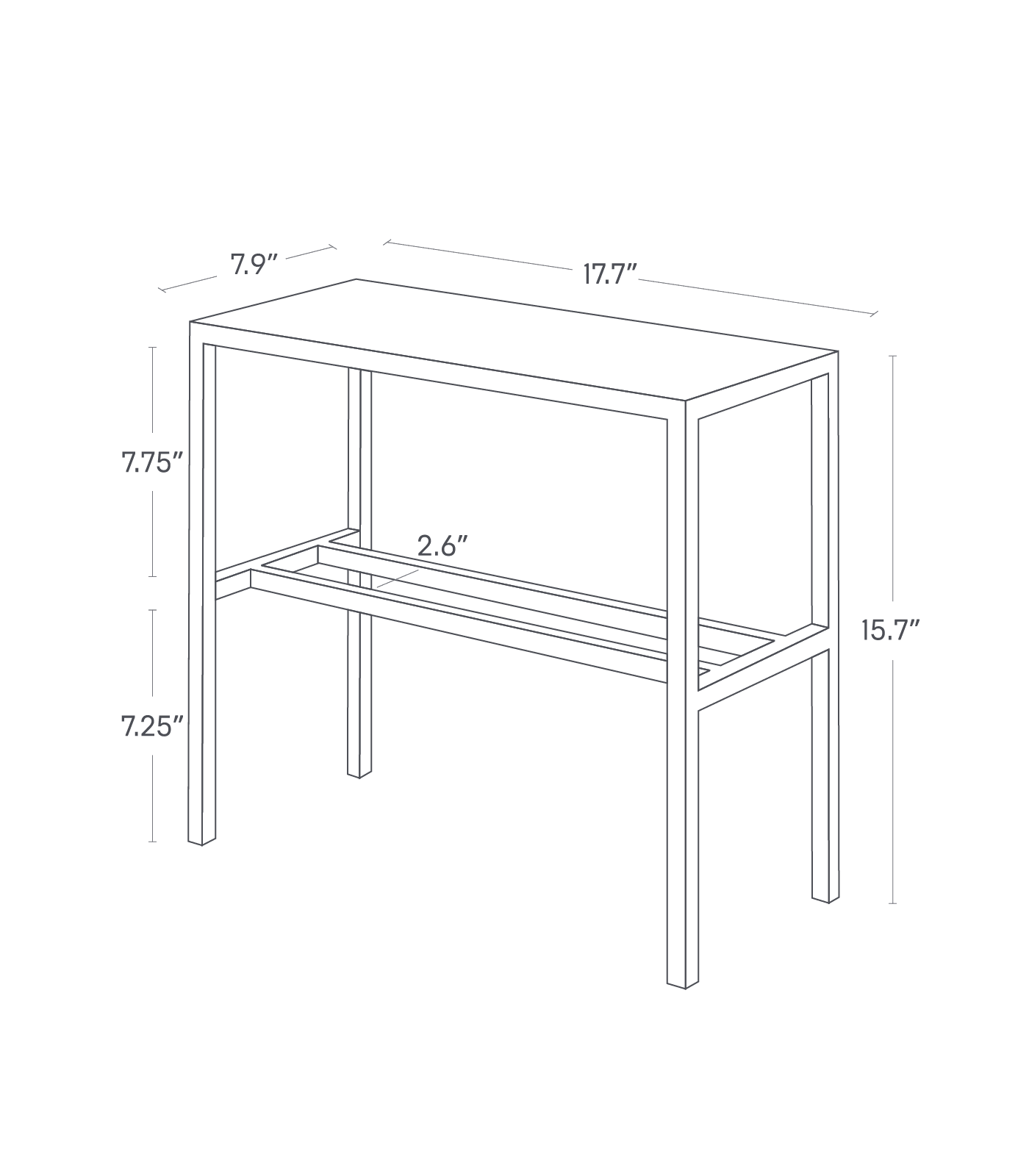 Image dimensionnelle pour organisateur de chaussures sur fond blanc montrant une hauteur de 15,7", une largeur de 17,7", une longueur de 7,9", une hauteur du sol au support de 7,25", une hauteur du support au sommet de 7,75" et 2,6" entre deux barres du support.