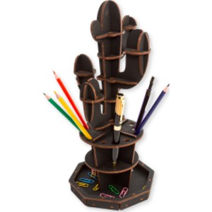 Cactus Desk Organizer Wooden Model Kit with Phone Stand, Black, 46 Pieces