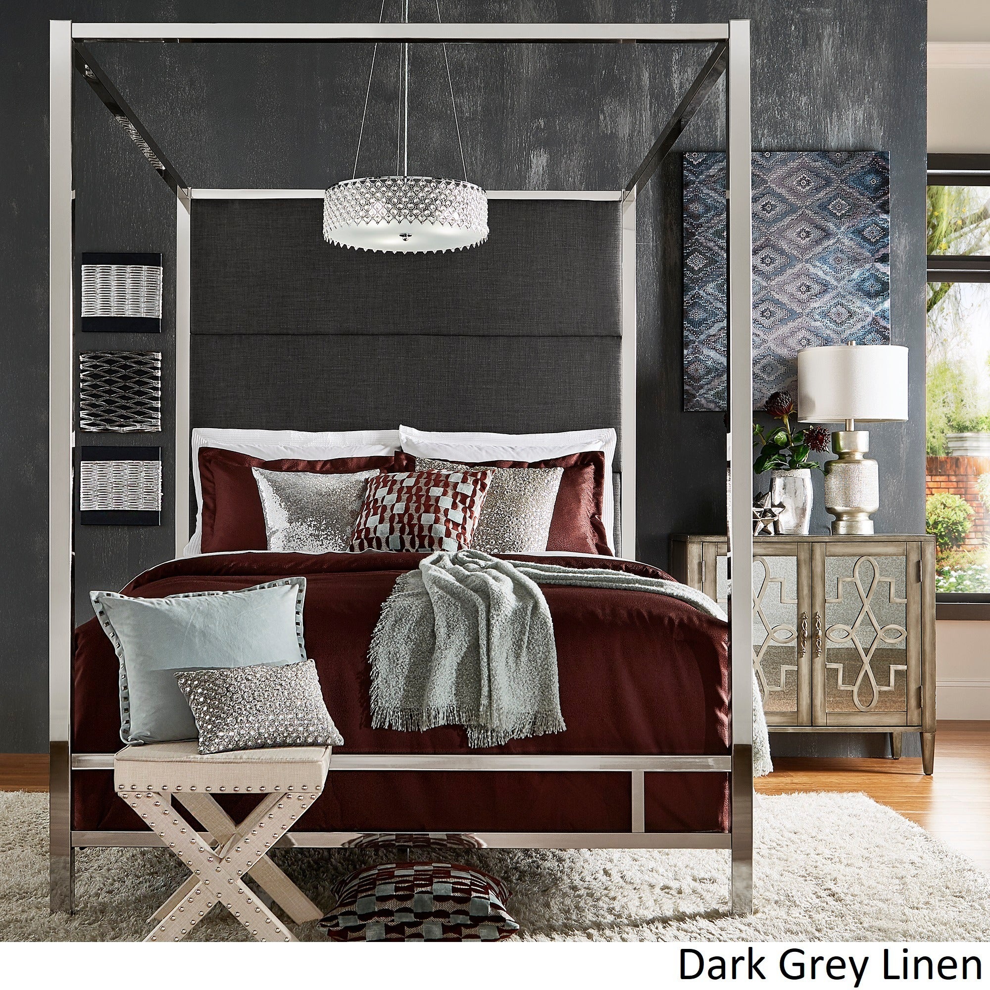 Metal Canopy Bed with Linen Panel Headboard