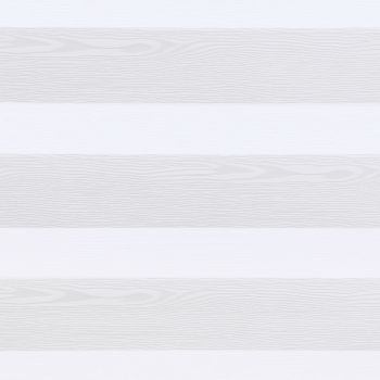 White dual-layer zebra blinds with alternating opaque, wood-grain textured and sheer horizontal bands, lowered and filtering soft daylight across a neutral interior window.