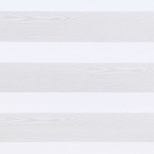 White dual-layer zebra blinds with alternating opaque, wood-grain textured and sheer horizontal bands, lowered and filtering soft daylight across a neutral interior window.