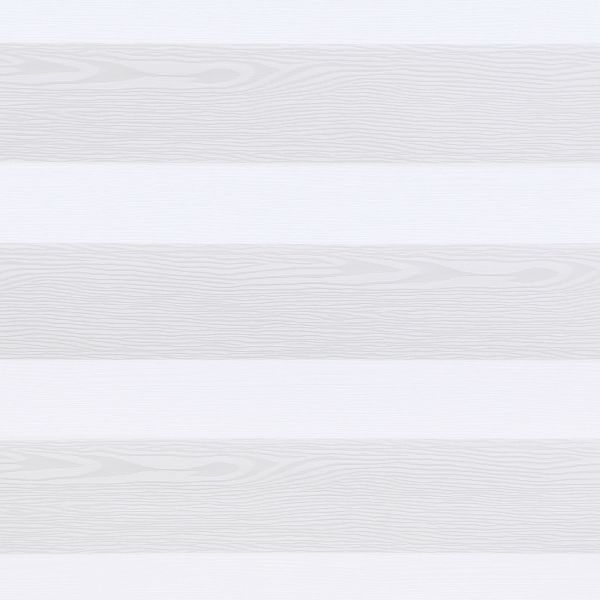 White dual-layer zebra blinds with alternating opaque, wood-grain textured and sheer horizontal bands, lowered and filtering soft daylight across a neutral interior window.