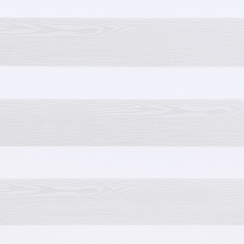 White dual-layer zebra blinds with alternating opaque, wood-grain textured and sheer horizontal bands, lowered and filtering soft daylight across a neutral interior window.