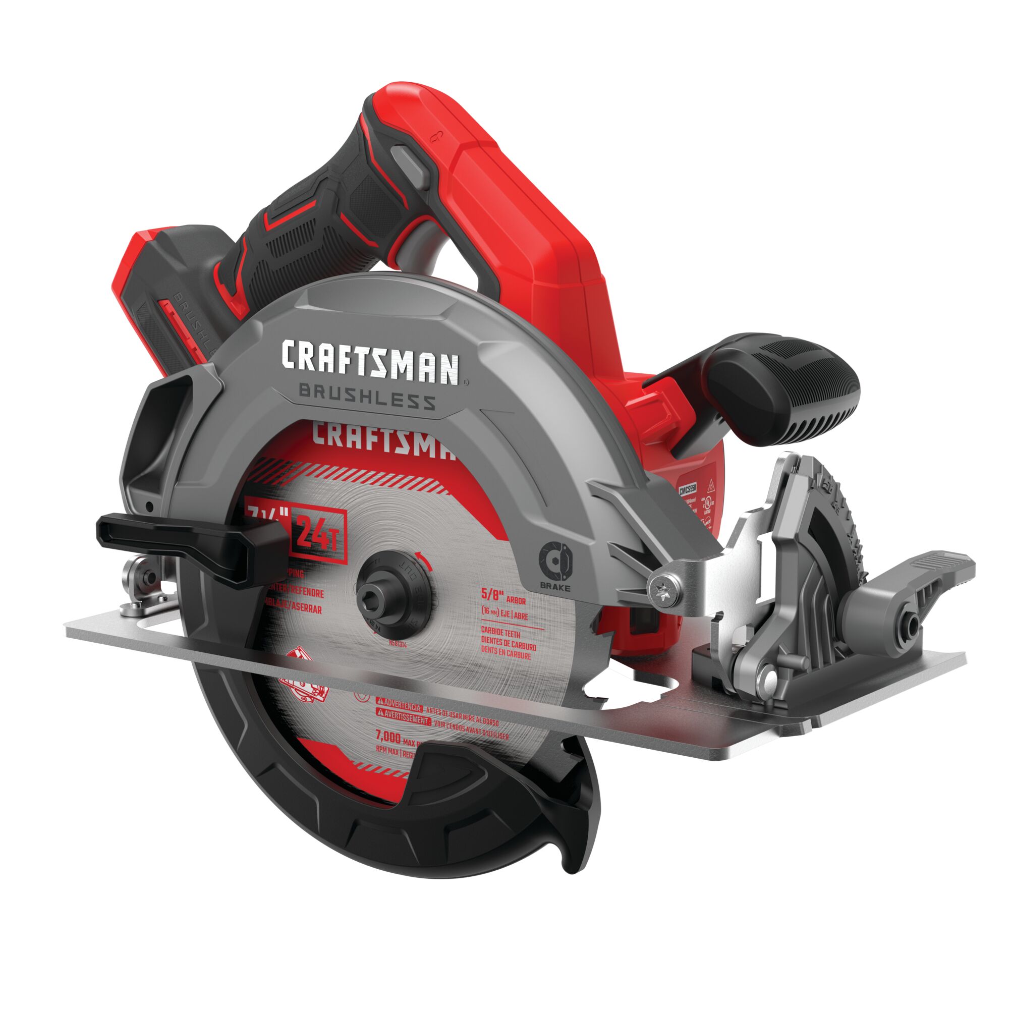 Right profile of 20 volt 7 1 quarter inch brushless cordless circular saw.