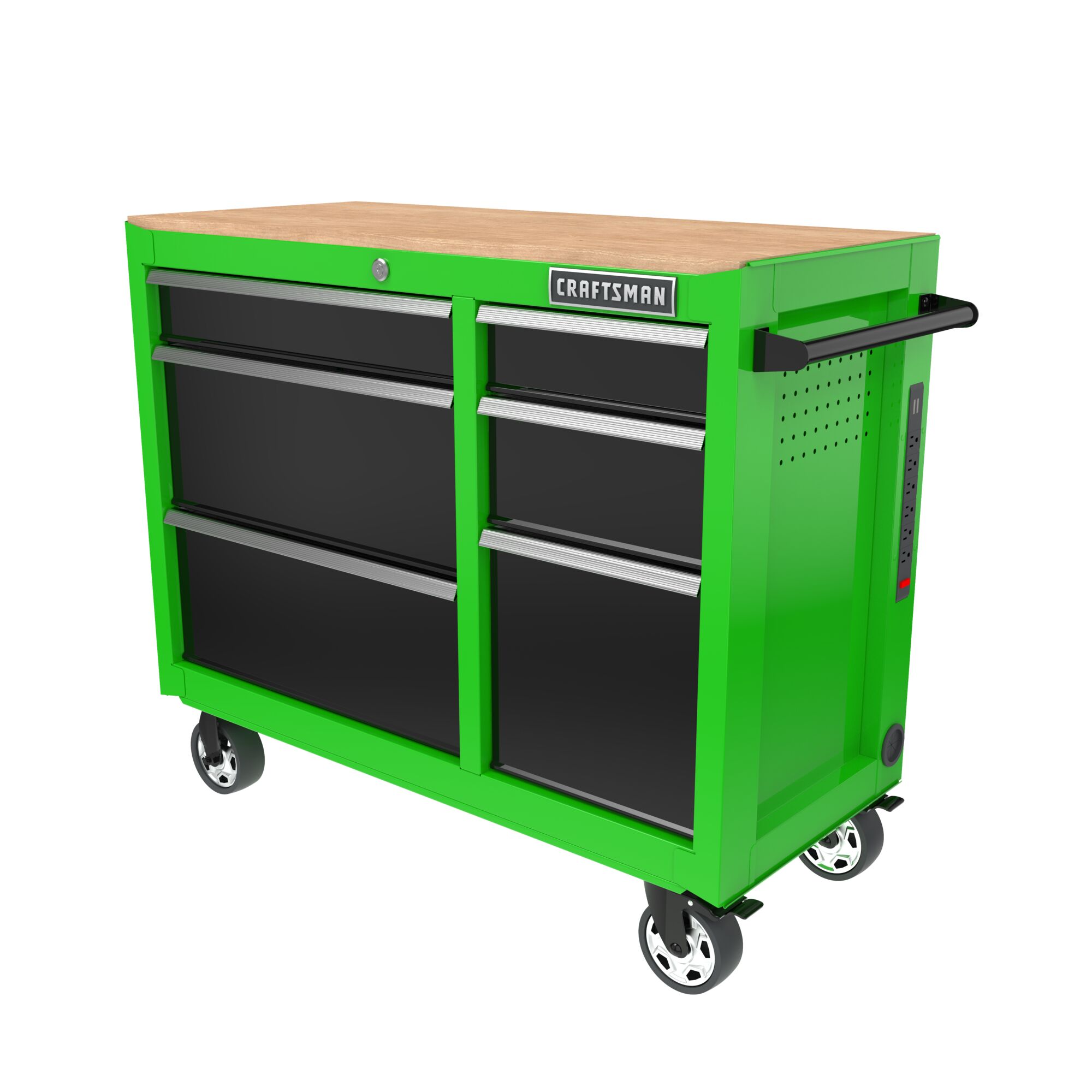 Lime green CRAFTSMAN S2000 Series 41-inch wide 6-drawer workstation with black drawers and wood top, at 3/4 turn to left