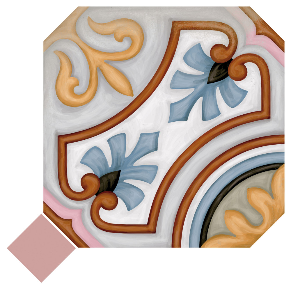 Vaudeville Octagon Deco Diglas with Taco Pink 7-7/8 in. x 7-7/8 in. Porcelain Floor and Wall Tile