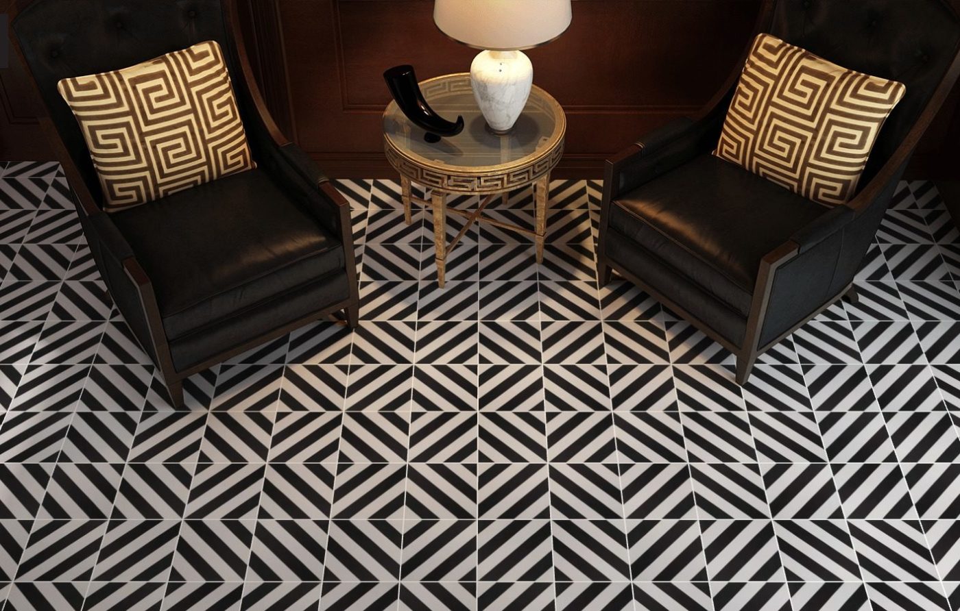 a black and white tiled floor in a living room.