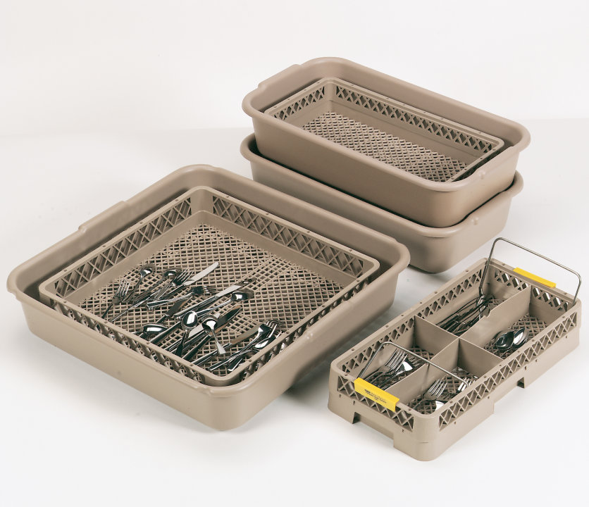 Full-size flatware soak-and-wash system with tub and Traex® open rack in cocoa