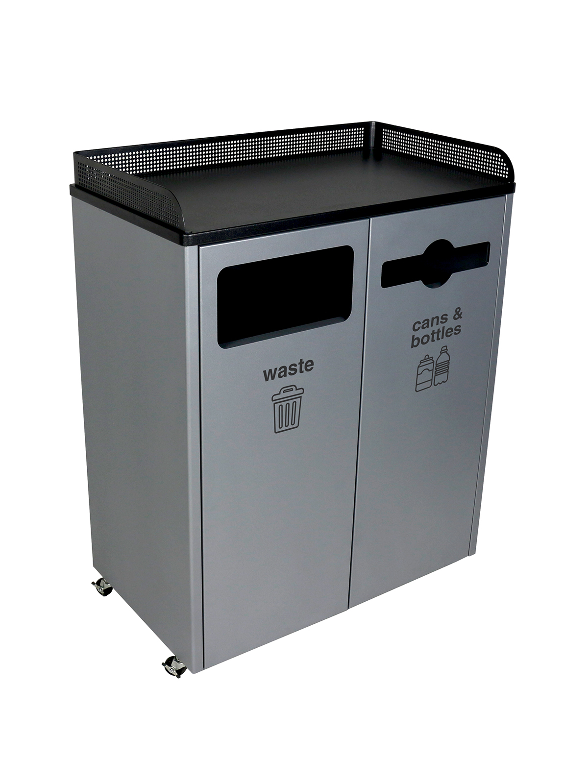 Busch Systems Courtside double stream container for waste and cans and bottles collection with tray storage