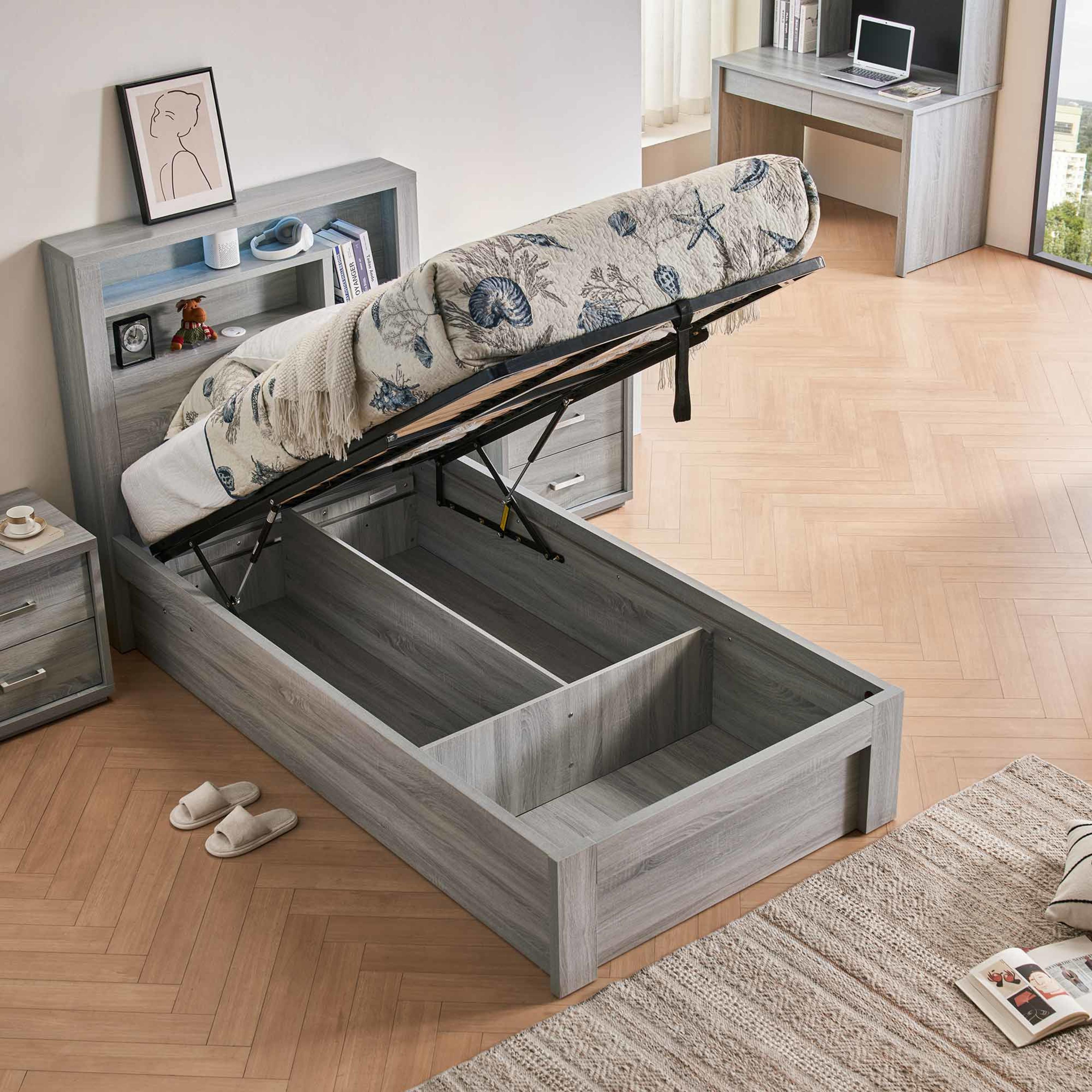 Lifestyle image of the  Bellevue Bed Frame, Front Slat Gas Lift Base, Cement Grey from Forty Winks