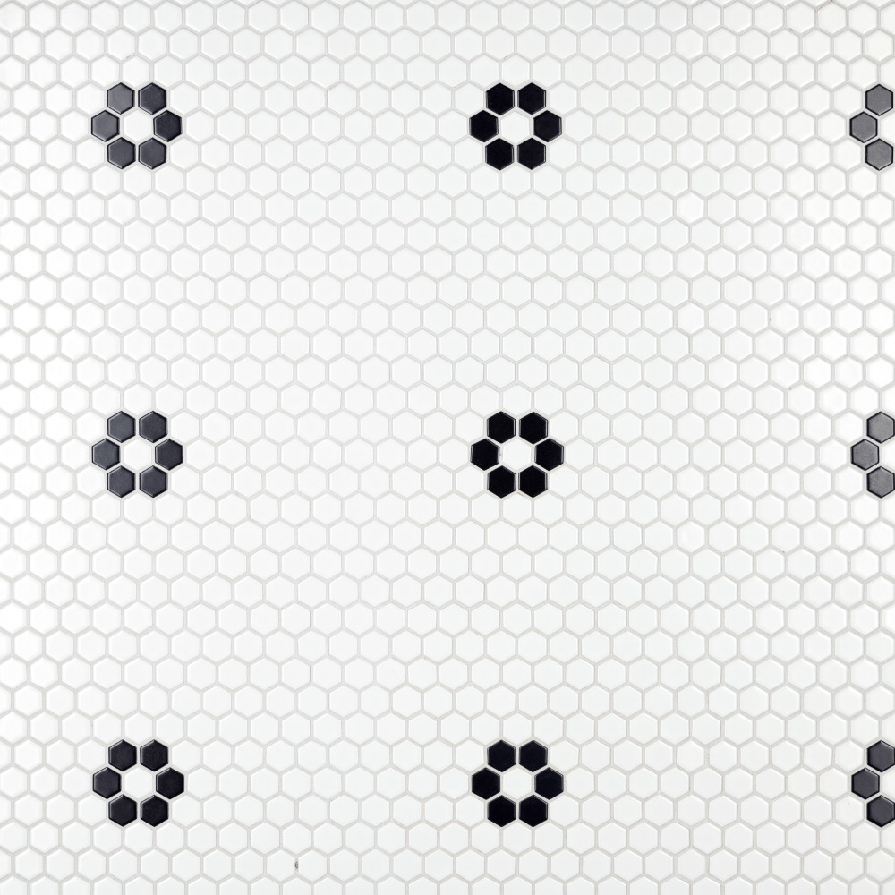 Sample – Metro 1″ Hex Matte White w/Single Flower Porcelain Mosaic Tile