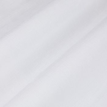Sheer white curtain panel with fine woven texture, draping in soft diagonal folds, gently filtering diffuse light against a bright, neutral interiorâ€”close-up view.
