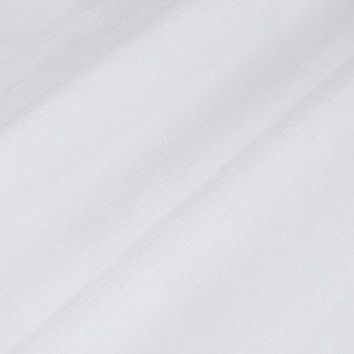 Sheer white curtain panel with fine woven texture, draping in soft diagonal folds, gently filtering diffuse light against a bright, neutral interiorâ€”close-up view.