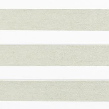 Zebra-style roller blind with horizontal wide beige textured opaque bands alternating with narrow sheer white bands; bands aligned to partially filter light across a neutral, softly lit interior.