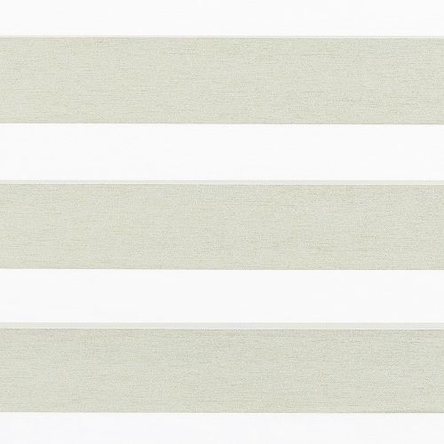 Zebra-style roller blind with horizontal wide beige textured opaque bands alternating with narrow sheer white bands; bands aligned to partially filter light across a neutral, softly lit interior.